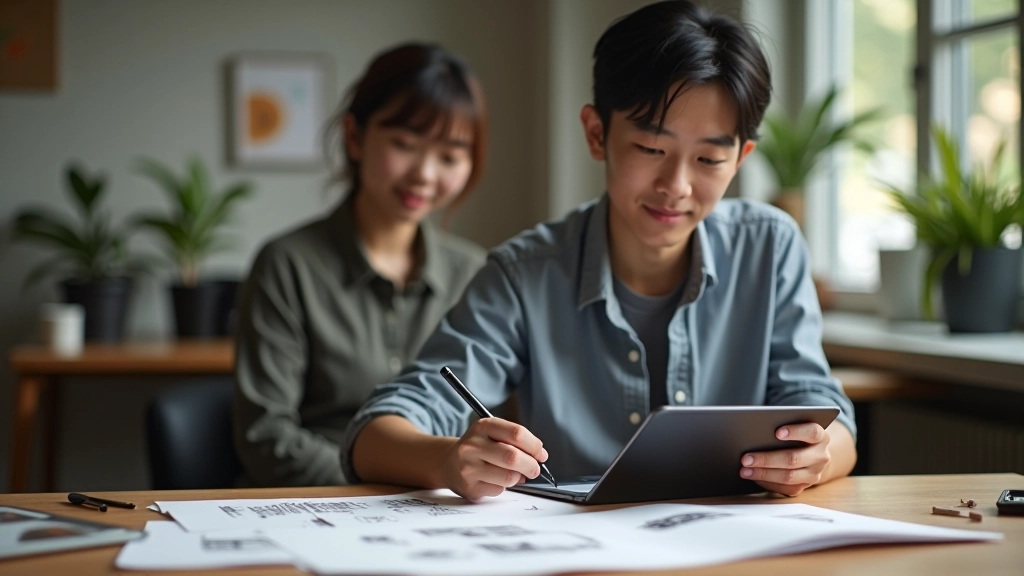 Designer workspace showing sketched decorative elements and icon variations on paper with digital tablet