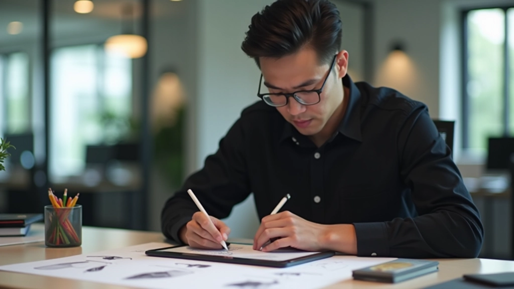 Designer working on illustration style guide with tablet and pen, sketching different visual approaches