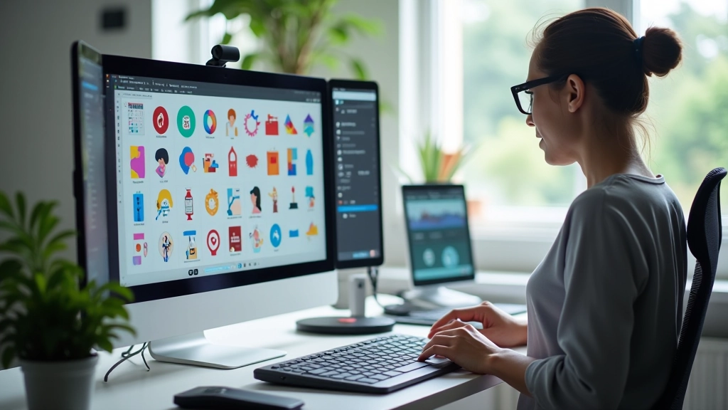 Design studio workspace with icon creation software and creative tools displayed